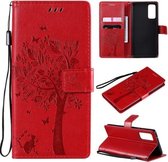 Voor Samsung Galaxy S20 FE 5G / S20 Lite Tree & Cat Pattern Pressed Printing Horizontale Flip PU lederen tas met houder & kaartsleuven & portemonnee & lanyard (rood)