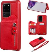 Voor Galaxy S20 Ultra Zipper Double Buckle schokbestendige beschermhoes met standaard & fotohouder & portemonnee functie (rood)