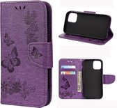Voor iPhone 12 vintage reliÃ«f bloemen vlinder patroon horizontale flip lederen tas met kaartsleuf & houder & portemonnee & lanyard (paars)
