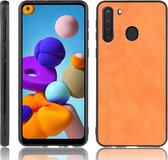 Voor Galaxy A21 schokbestendig naaien koe patroon huid PC + PU + TPU Case (oranje)