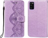Voor Samsung Galaxy A41 Flower Vine Embossing Pattern Horizontale Flip Leather Case met Card Slot & Holder & Wallet & Lanyard (Purple)