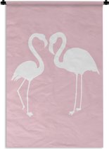 Wandkleed FlamingoKerst illustraties - Witte silhouetten van flamingo's op een lichtroze achtergrond Wandkleed katoen 60x90 cm - Wandtapijt met foto