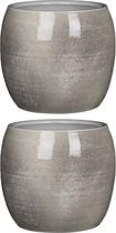 2x stuks bloempot in kleur shiny wit / grijs stone keramiek voor kamerplant H22 x D24 cm- plantenpotten binnen
