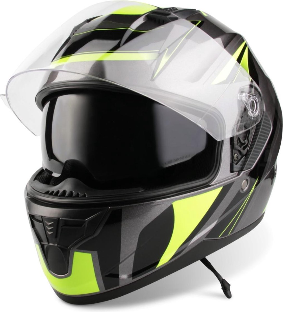 VINZ Pilgrim Integraalhelm met Zonnevizier / Motorhelm / Scooter helm / Brommerhelm – Fluor Geel
