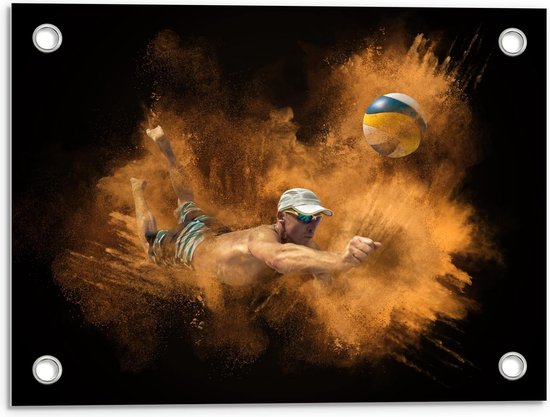 Tuinposter – Man met Volleybal in Zand - 40x30cm Foto op Tuinposter  (wanddecoratie voor buiten en binnen)