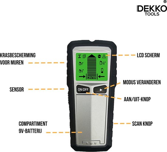 Dekko Tools Digitale Leidingzoeker - 5 in 1 Detector voor muren - Hout, Metaal, Leidingen, Bedrading - Zilver