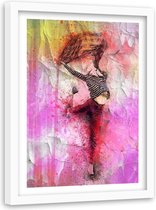 Foto in frame , Huppelende vrouw ,120x80cm , multikleur, wanddecoratie
