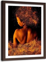 Foto in frame , Vrouwelijk model in goudstof ,120x80cm , zwart bruin , wanddecoratie