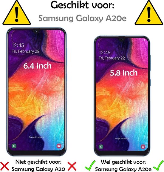 Illustratie van twee telefoonschermen, links een 6.4 inch Samsung Galaxy A20, rechts een 5.8 inch Samsung Galaxy A20e.