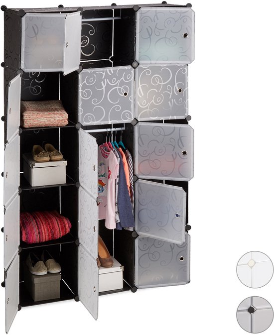 Zwarte en witte modulaire kledingkast met 12 vakken, deuren met decoratieve patronen.