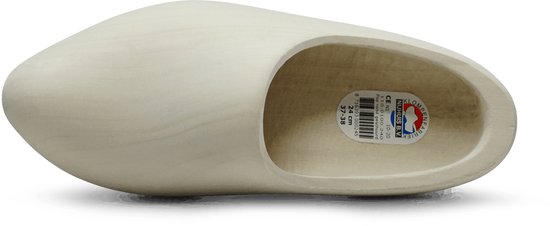 Houten klomp, de onderkant met maatlabel 37-38 en een ronde CE-sticker.