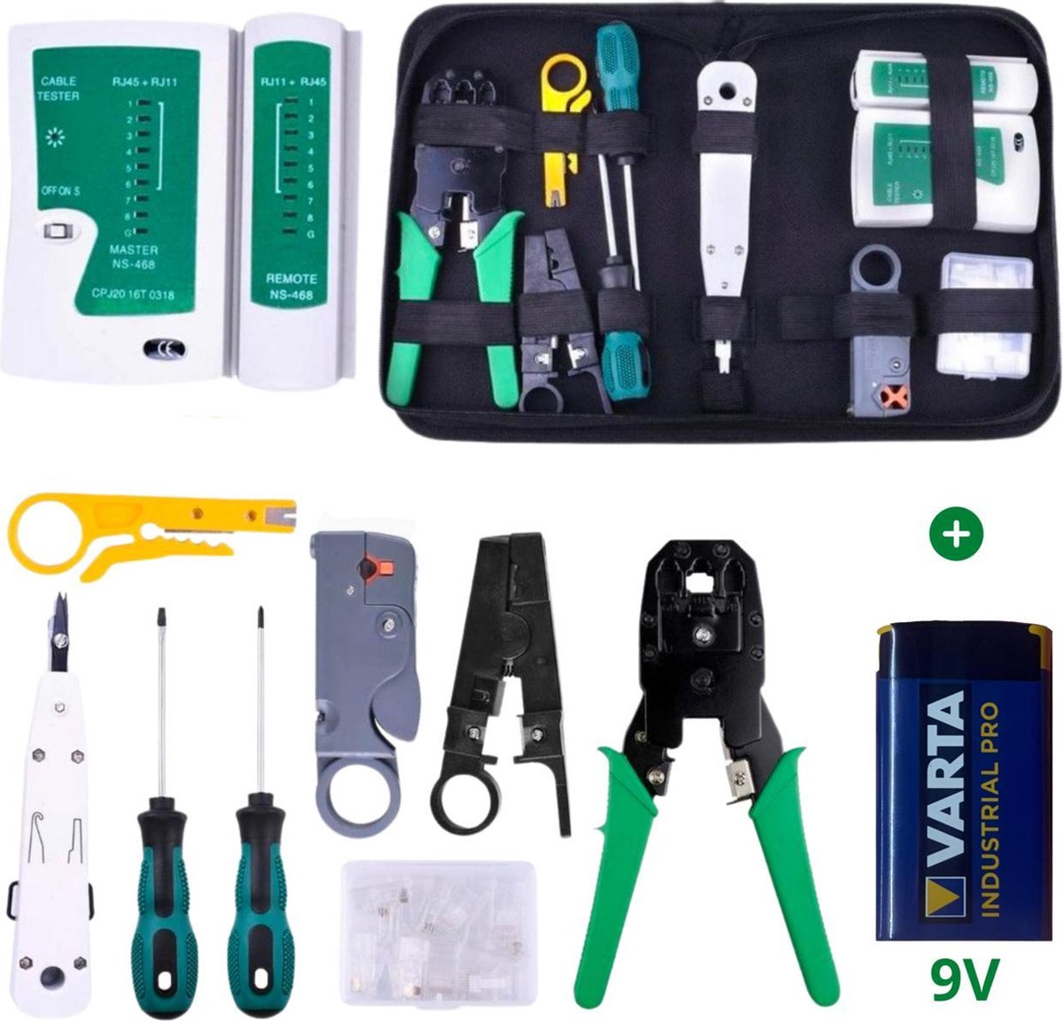 Netwerk Tester Set in etui- RJ45/RJ12/RJ11/Cat5/Cat5e/Cat6/UTP/LAN - Kabeltester Met Krimptang & LSA tang - Incl. 9V batterij