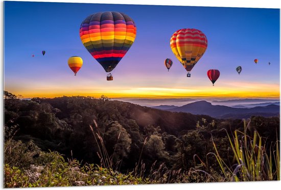 Acrylglas - Regenboogkleurige Luchtballonnen boven Berggebied - 120x80cm Foto op Acrylglas (Wanddecoratie op Acrylglas)