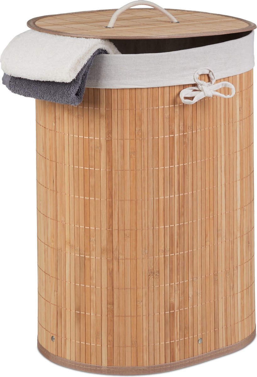 Relaxdays wasmand bamboe opvouwbaar deksel mand wasgoed 46 l uitneembare waszak Naturel
