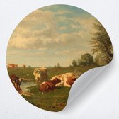 Muurcirkel koeien in de wei | Zelfklevende behangcirkel | woonkamer muur decoratie accessoires | rond kunstwerk