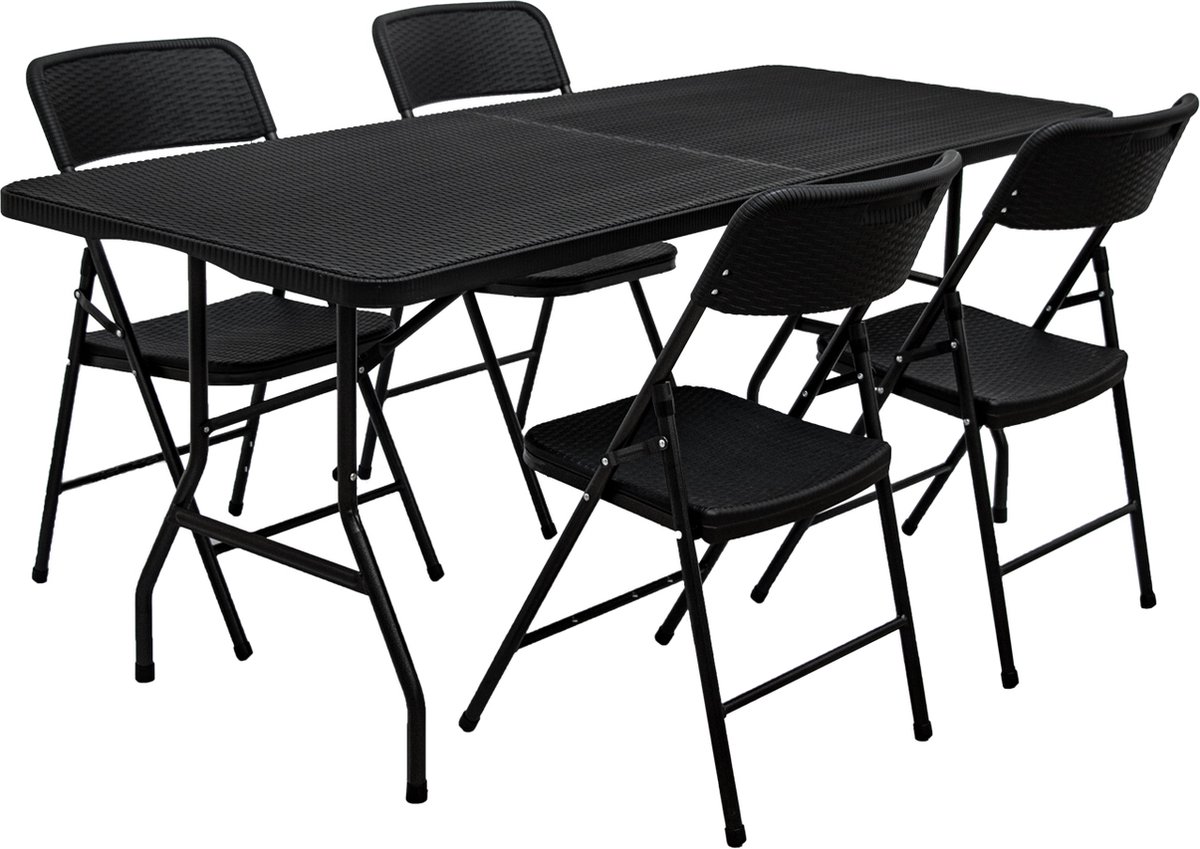Tuinset met 180cm Kunststof Eettafel en 4 Rotan Klapstoelen - AMANKA.