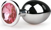 Metalen buttplug met roze kristal - zilverkleurig