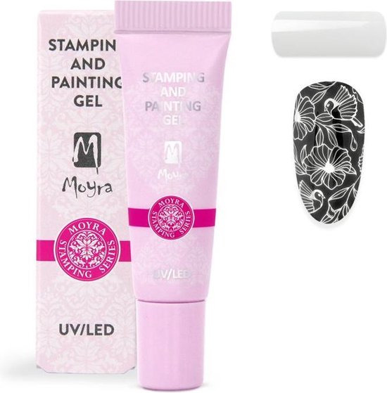 Roze tube "STAMPING AND PAINTING GEL" UV/LED. Naast een witte nagel en een nagel met bloemenstempel in zwart-wit.