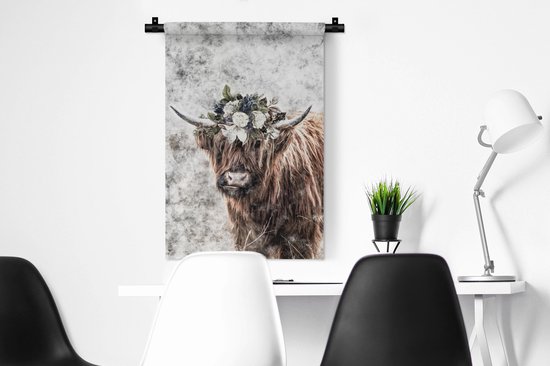 Tapisserie Scottish HighlanderIllustrations de Noël - Highlander écossais avec une couronne de fleurs Tapisserie coton 60x90 cm - Tapisserie avec photo