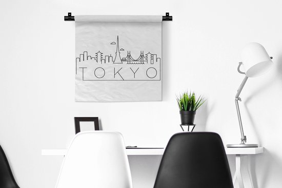 Tapisserie Villes du monde - Skyline Tokyo noir sur blanc Tapisserie coton 60x60 cm - Tapisserie avec photo