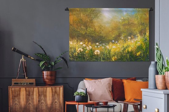 Wandkleed Geschilderde Zomer - Schilderij van zomerse heide Wandkleed katoen 150x100 cm - Wandtapijt met foto