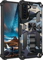 Voor Samsung Galaxy S21 Ultra 5G camouflage pantser schokbestendig TPU + pc magnetische beschermhoes met houder (babyblauw)