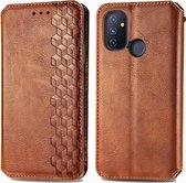 For One Plus Nord N100 Cubic Grid Pressed Horizontal Flip Magnetic PU Leather Case met houder & kaartsleuven & portemonnee (bruin)