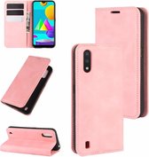 Voor Samsung Galaxy M01 Retro-skin Business Magnetische Suction Leather Case met houder & kaartsleuven & portemonnee (roze)