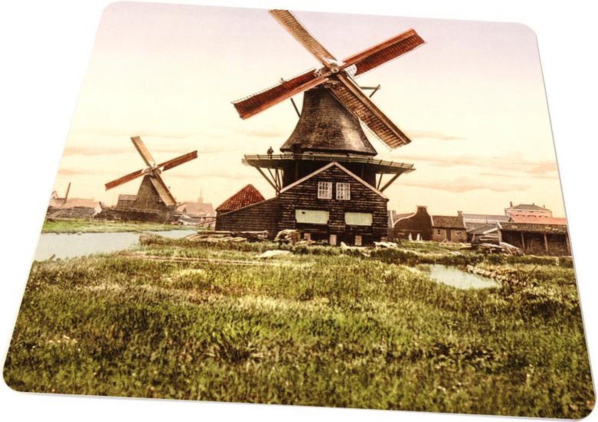Oud Hollands Landschap - Zaagmolens Langs Rivier - Oude Foto Print op Muismat 22x20cm