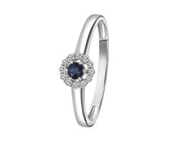 Lucardi Dames Ring saffier en 12 diamanten 0.08ct - Ring - Cadeau voor vrouwen - 14 Karaat Goud - Witgoud