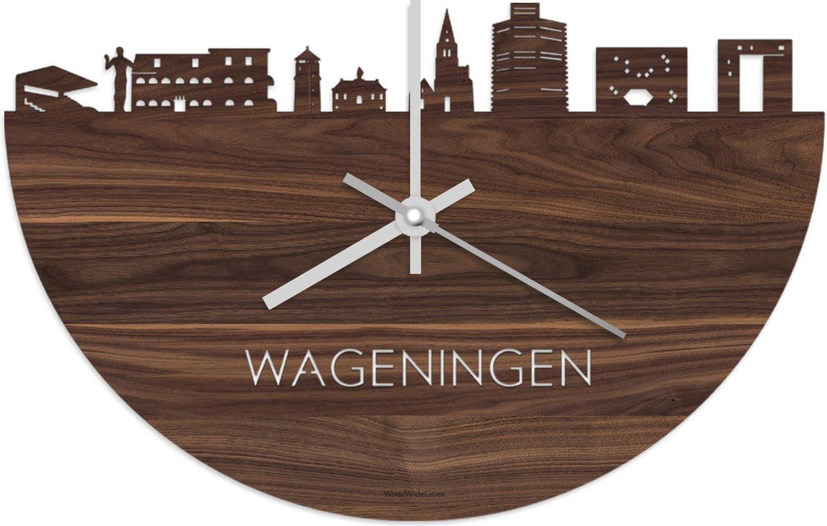 Skyline Klok Wageningen Notenhout - Ø 40 cm - Stil uurwerk - Wanddecoratie - Meer steden beschikbaar - Woonkamer idee - Woondecoratie - City Art - Steden kunst - Cadeau voor hem - Cadeau voor haar - Jubileum - Trouwerij - Housewarming -