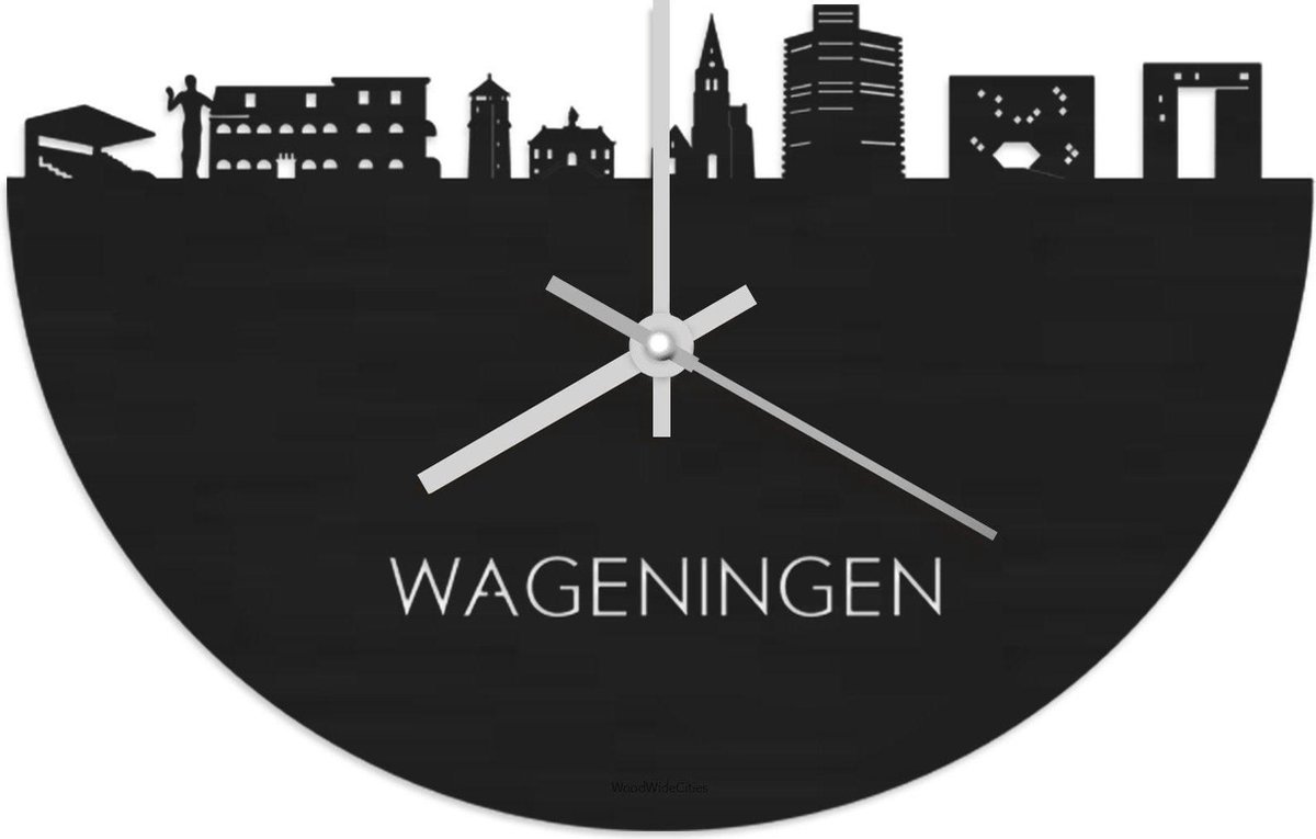 Skyline Klok Wageningen Zwart hout - Ø 40 cm - Stil uurwerk - Wanddecoratie - Meer steden beschikbaar - Woonkamer idee - Woondecoratie - City Art - Steden kunst - Cadeau voor hem - Cadeau voor haar - Jubileum - Trouwerij - Housewarming -