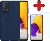 Samsung A72 Hoesje Donker Blauw Siliconen Case Met Screenprotector - Samsung Galaxy A72 Hoes Silicone Cover Met Screenprotector - Donker Blauw