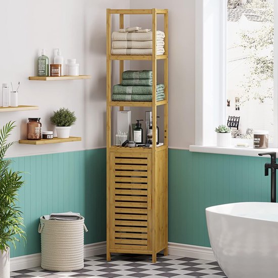 Foto: Hoge badkamerkast bamboe badkamerkast hoog met 3 open vakken en kast hoge bijzetkast opbergkast voor badkamer hal keuken woonkamer