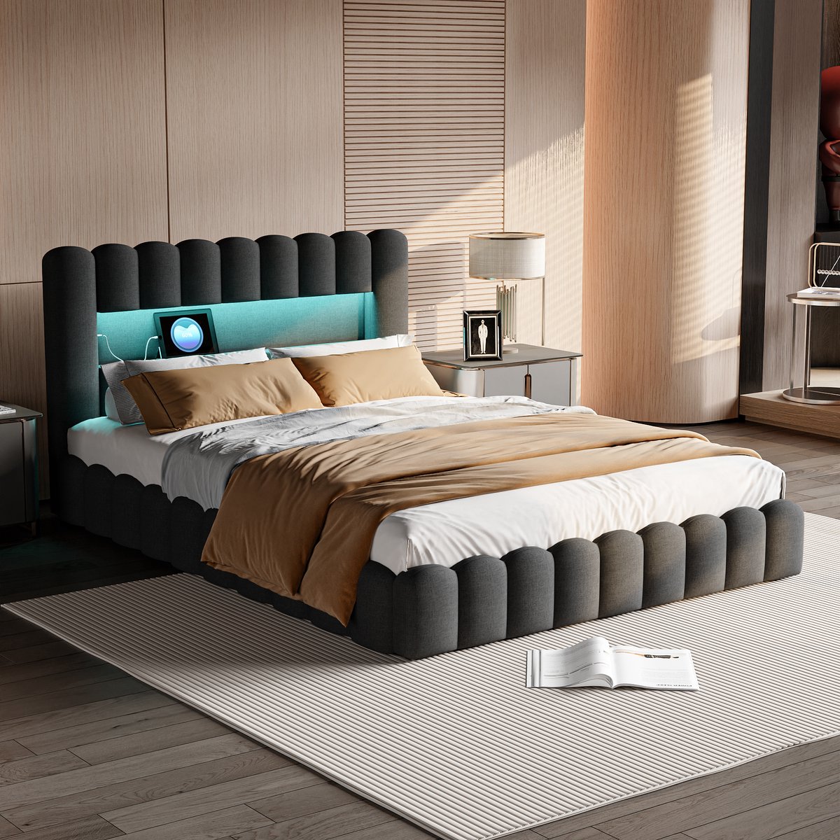 Gestoffeerd bed 160x200 cm, tweepersoonsbed met LED-hoofdbord en USB-oplaadfunctie, boxspring bedframe met opbergruimte en lattenbodem, opbergbed jeugdbed, linnen, grijs, Zonder matras