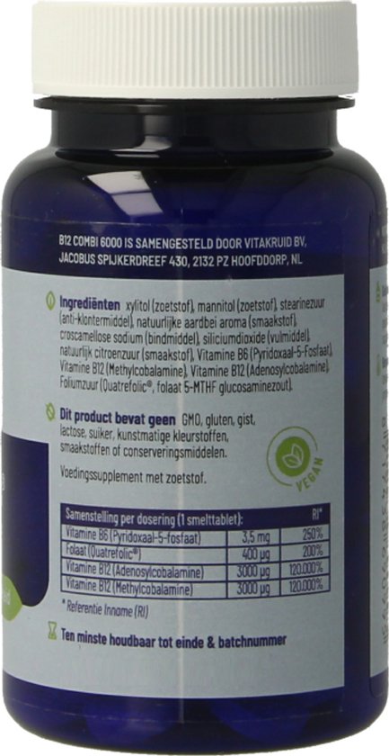 Een blauwe pot met een wit deksel, met daarop de tekst "B12 COMBI 6000" en een ingrediëntenlijst in het Nederlands. Het product is vegan.