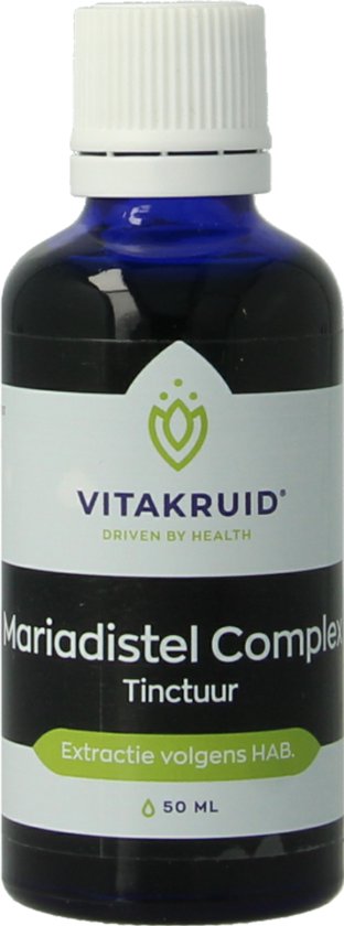 Donkerblauwe glazen fles met witte dop. Het witte label heeft een groen logo, de tekst 'VITAKRUID' en 'Mariadistel Complex Tinctuur'.