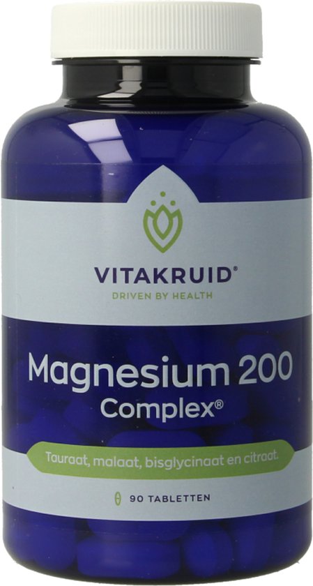Blauwe pot met een wit deksel en een etiket met "Magnesium 200 Complex" en "Vitakruid".