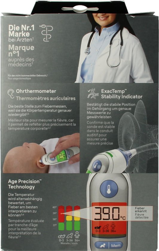 Doos Braun oorthermometer met afbeelding van arts en baby. Toont thermometer met 39.0°C en grafiek voor leeftijd.