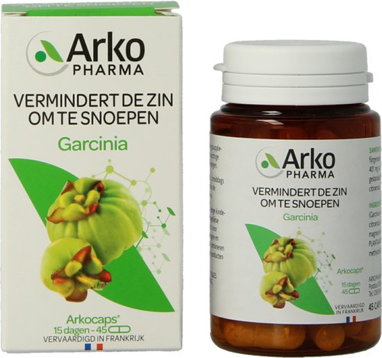 Doos en potje ArkoPharma Garcinia supplement met afbeelding van de vrucht. Bevat 45 capsules.