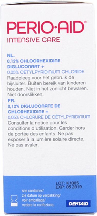 Achterkant doosje Perio-Aid Intensive Care mondspray met ingrediënten en instructies in NL en FR.
