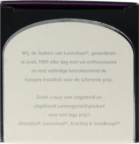 Zijkant van Lucovitaal Haar Volume verpakking met tekst over kwaliteit en prijs.