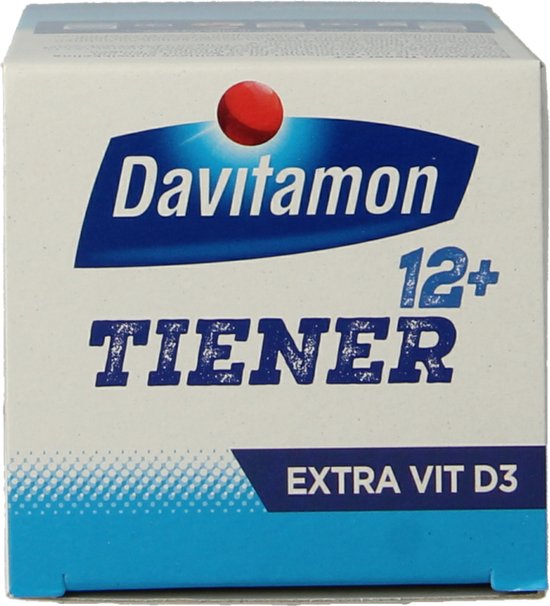 Verpakking Davitamon Tiener 12+ Extra Vit D3 met logo en 60 kauwtabletten.