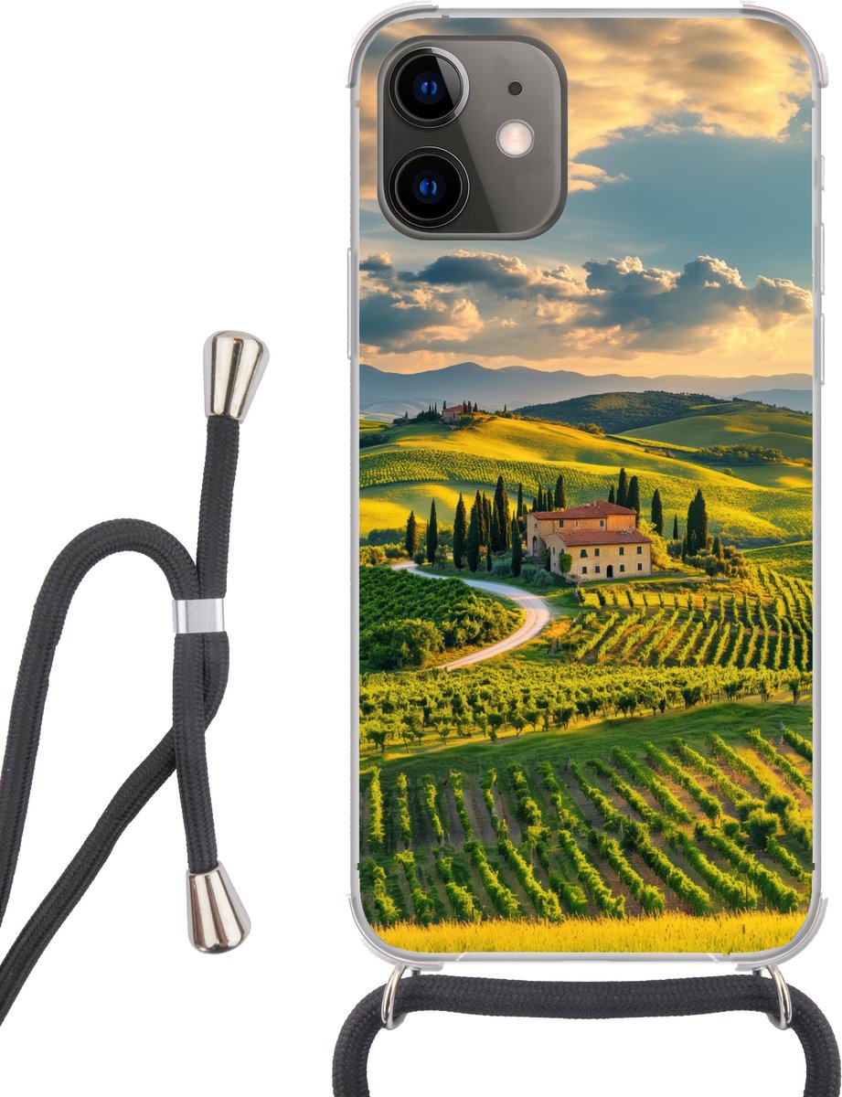 Telefoonhoesje Geschikt voor iPhone 12 - Toscane - Landschap - Wijngaarden - Siliconen - Crossbody - Backcover met Koord - Telefoonhoesje met koord - Hoesje met touw Telefoonhoesje