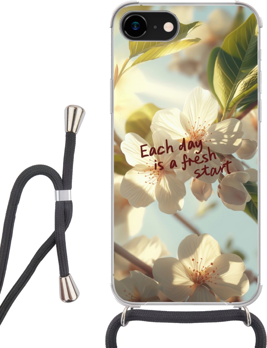 Telefoonhoesje Geschikt voor iPhone SE 2020 - Bloesems - Zonlicht - Quote - Wit - Siliconen - Crossbody - Backcover met Koord - Telefoonhoesje met koord - Hoesje met touw Telefoonhoesje