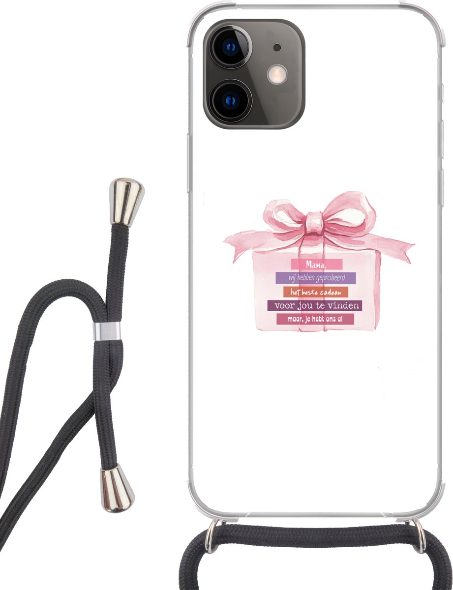 Telefoonhoesje Geschikt voor iPhone 12 Mini - Cadeau - Strik - Tekst - Roze - Siliconen - Crossbody - Backcover met Koord - Telefoonhoesje met koord - Hoesje met touw Telefoonhoesje