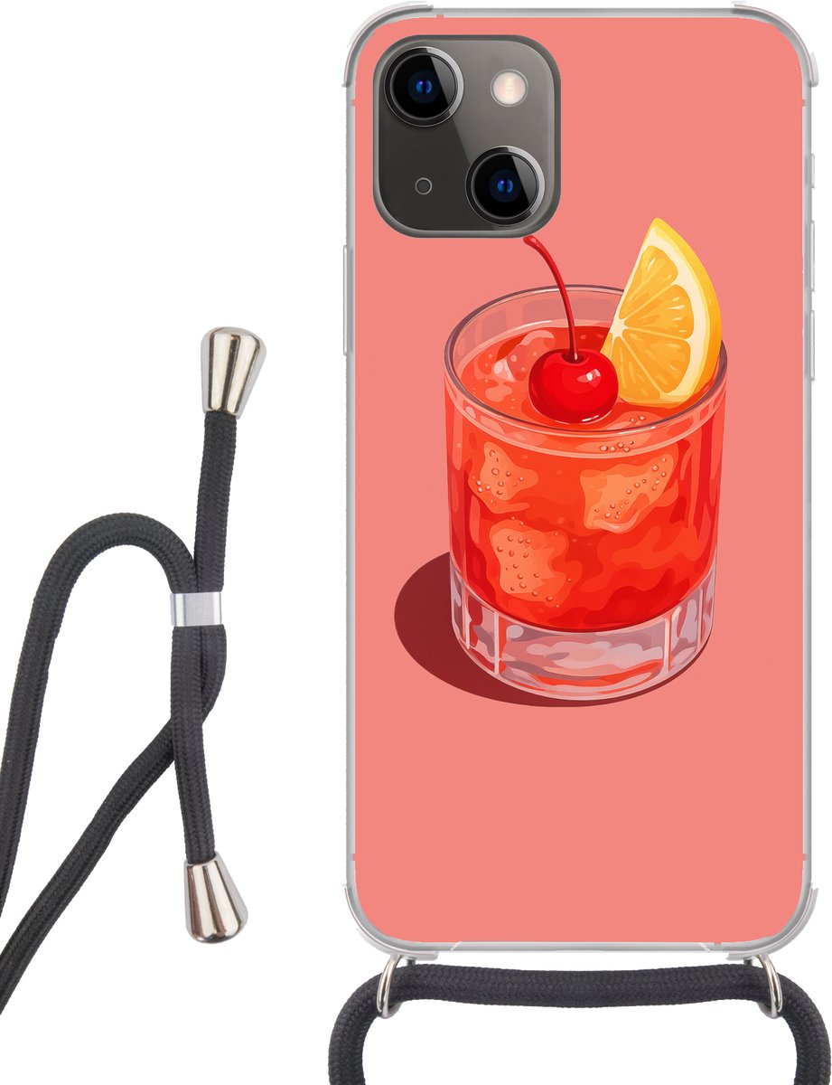 Telefoonhoesje Geschikt voor iPhone 13 Mini - Glas - Ijsblokjes - Citroen - Kers - Siliconen - Crossbody - Backcover met Koord - Telefoonhoesje met koord - Hoesje met touw Telefoonhoesje