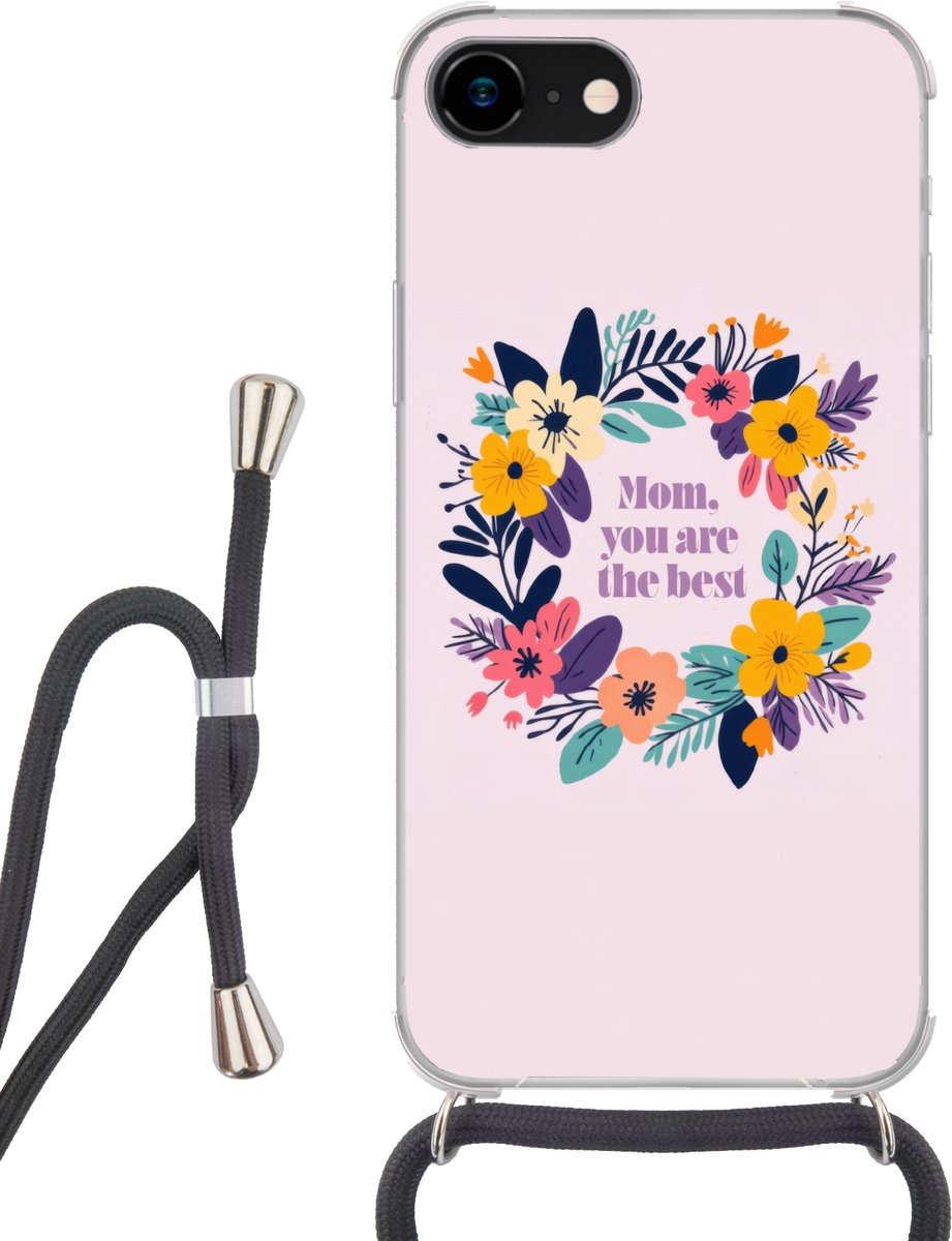 Telefoonhoesje Geschikt voor iPhone 8 - Bloemenkrans - Kleurrijk - Moeder - Siliconen - Crossbody - Backcover met Koord - Telefoonhoesje met koord - Hoesje met touw Telefoonhoesje