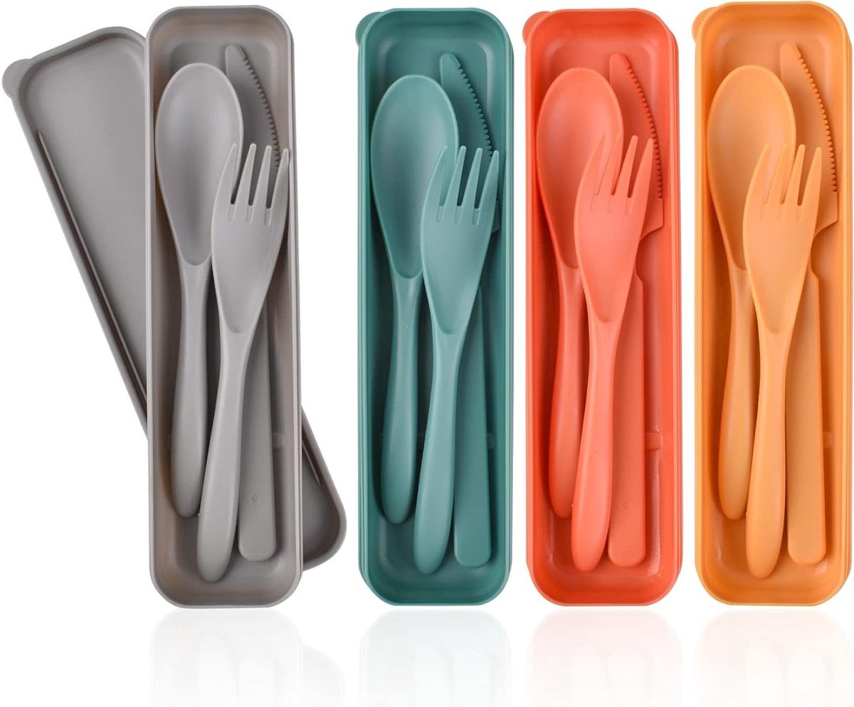 JGS Premium - Reisbestekset met koffer, 4 sets draagbare herbruikbare plastic vorken en lepels, ideaal voor reizen, picknick en dagelijks gebruik