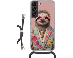 Telefoonhoesje Geschikt voor Samsung Galaxy S22 - Luiaard - Bloemenprint - Bril - Roze - Siliconen - Crossbody - Backcover met Koord - Telefoonhoesje met koord - Hoesje met touw Telefoonhoesje